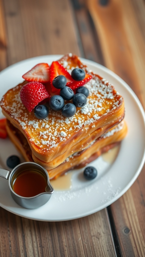 A stack of golden brown French toast topped with powdered sugar and fresh berries, served with maple syrup.